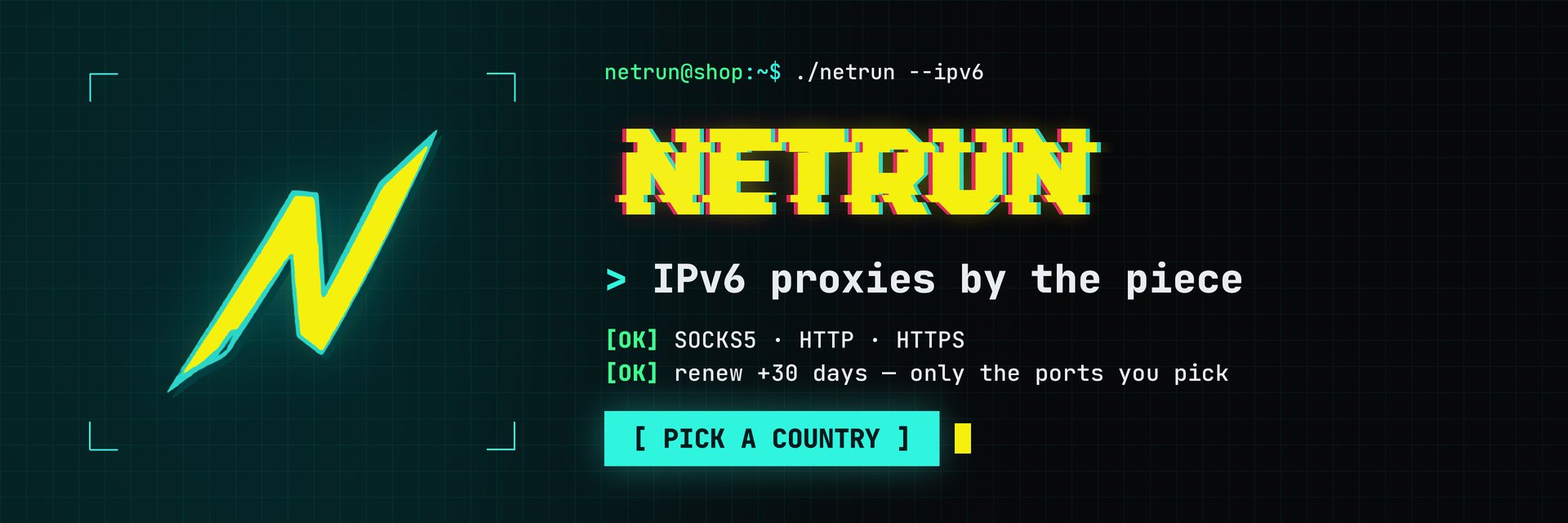 IPv6 proxies by the piece: SOCKS5, HTTP and HTTPS, 30-day renewals — pick a country